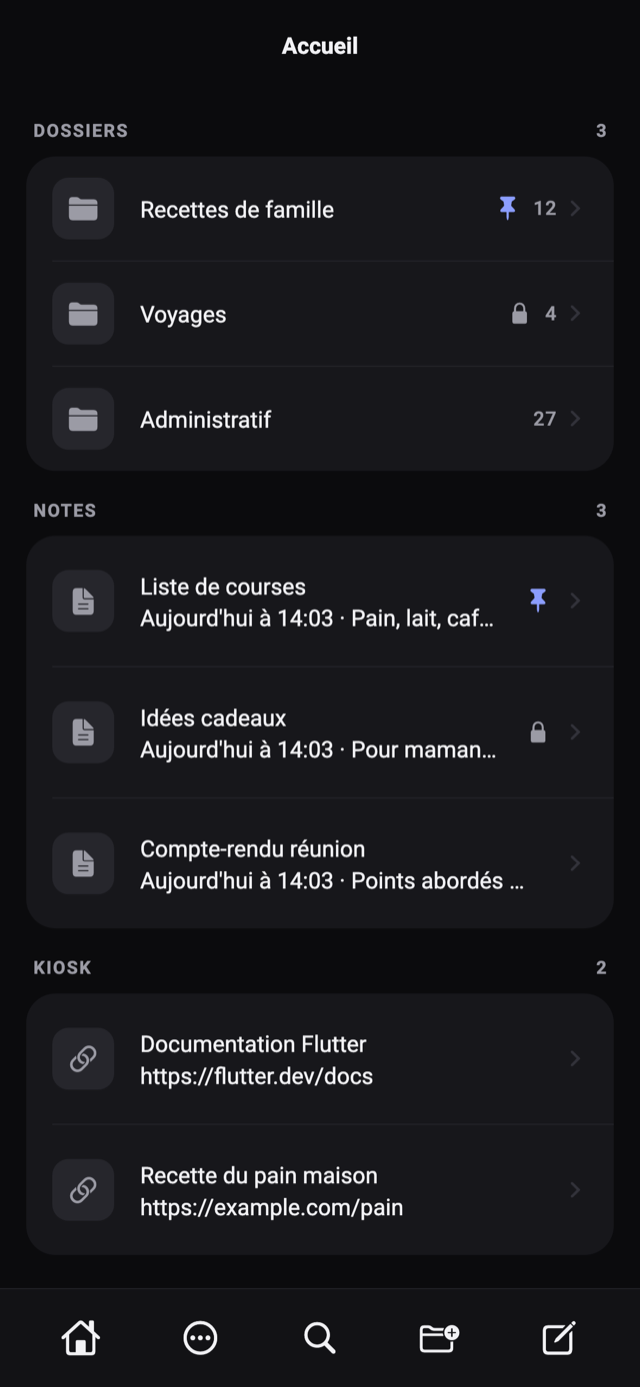 Écran d'accueil de Kriptis : les dossiers Recettes de famille, Voyages et Administratif, une liste de notes et des liens enregistrés, sur fond sombre.