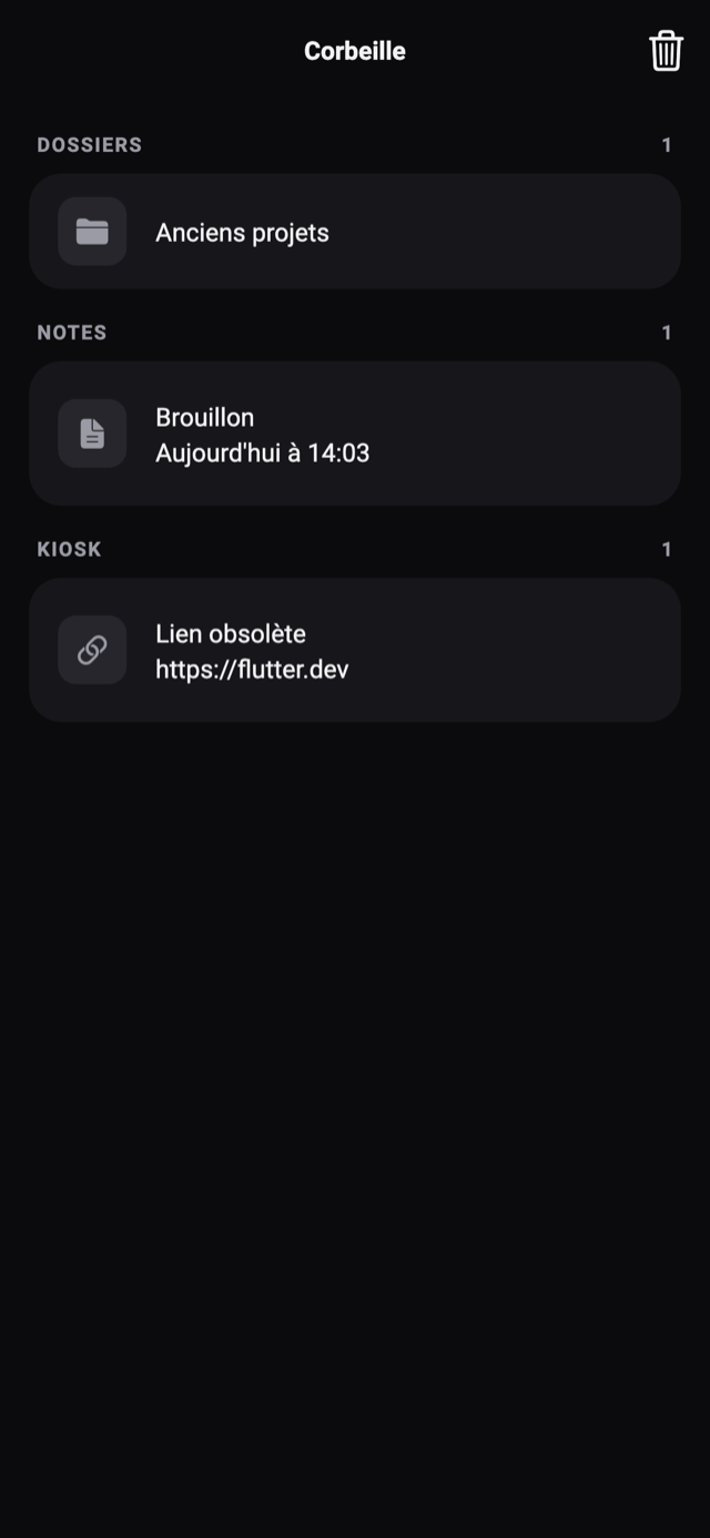 La corbeille de Kriptis, avec les éléments supprimés et la possibilité de les restaurer.