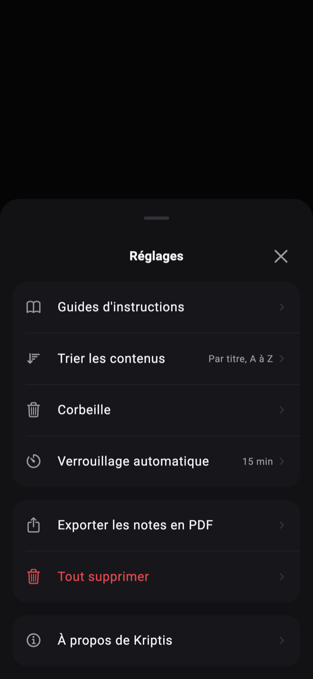 Les réglages de Kriptis : ordre de tri, délai de verrouillage automatique et export PDF.
